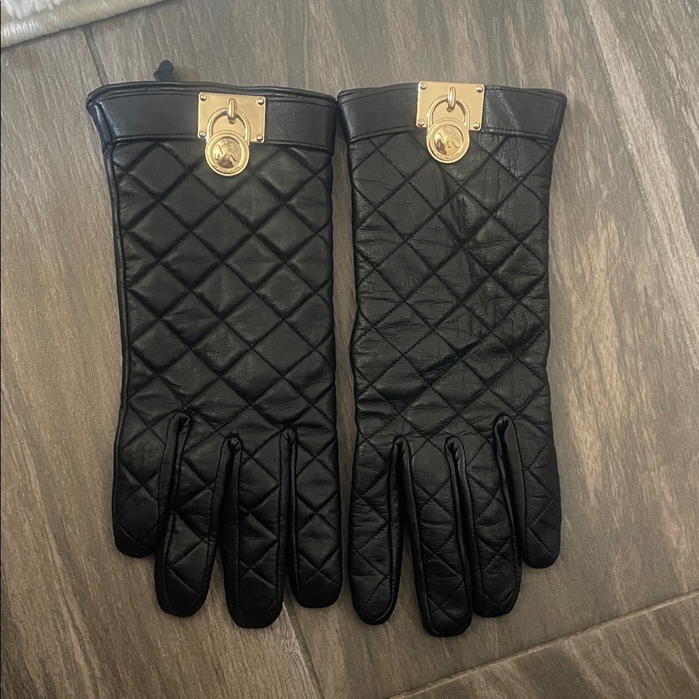 Michael Kors Black Quilted Leather Gloves with Gold Accents